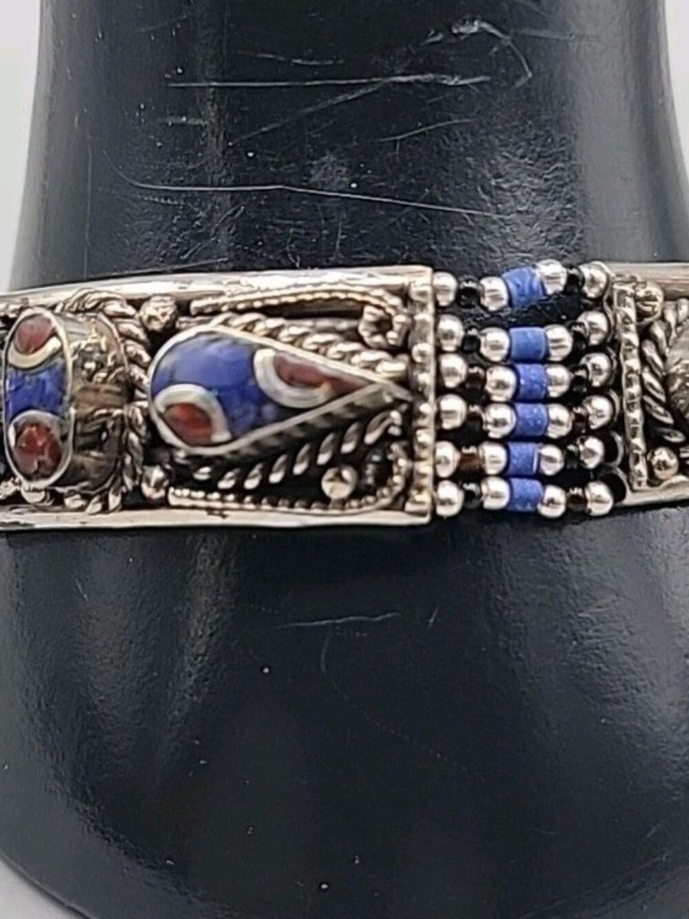 Vintage Tibetan Nepalese Silver Inlay Bracelet Lapis Coral 7.5” Ethnic Boho - Picture 13 of 16